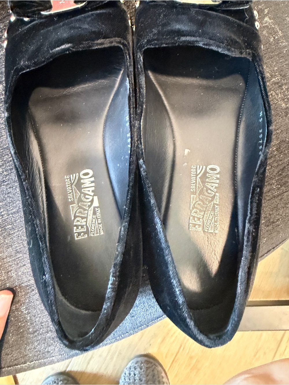 Salvatore Ferragamo Black Velvet Studded Bow Flats with Metallic Logo - Picture 7 of 9